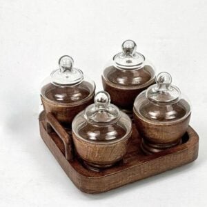 סט קעריות בסיס עץ מכסה זכוכית