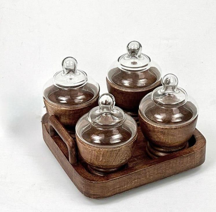 סט קעריות בסיס עץ מכסה זכוכית